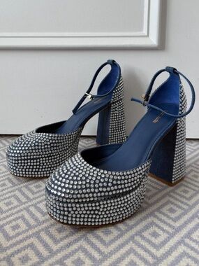 Studded Navy Platform Heels with Ankle Strap